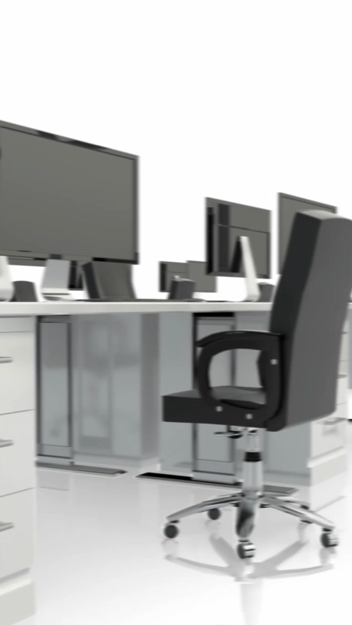 Animation of empty office with desks and computers on white background