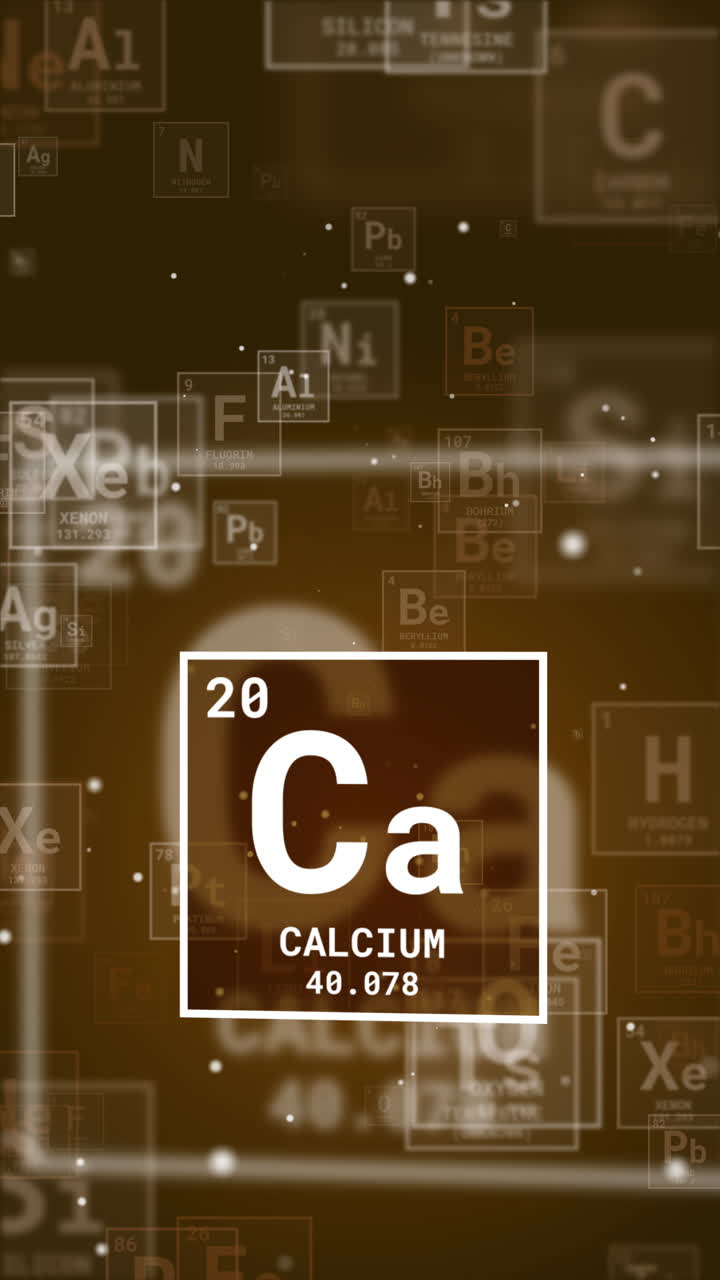 Symbol for the chemical element and mineral Calcium. Brown abstract school background. Loop animation. Vertical video.
