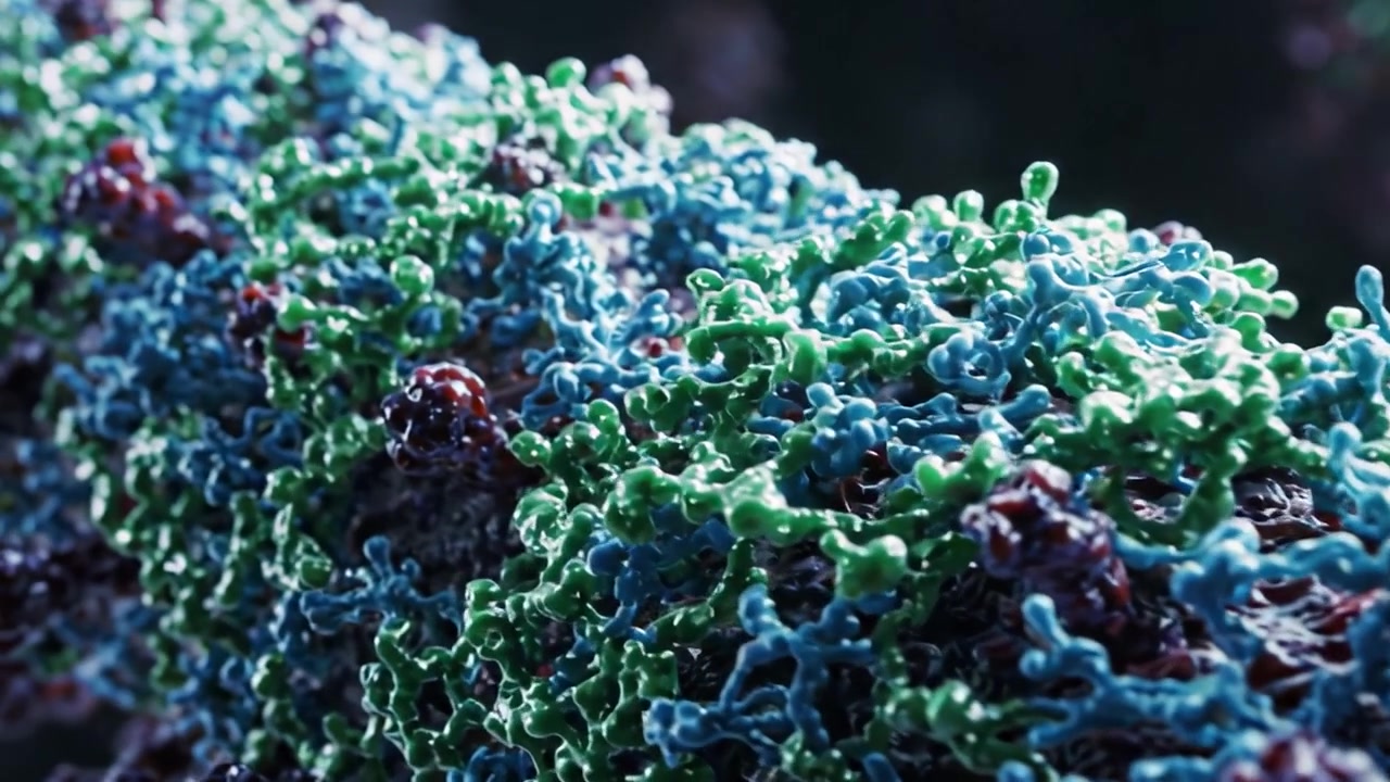 Magnified Biochemical Structure: An Intricate Display of Colorful Molecules Intertwined, Reflecting the Complexity of Biological Systems in Stunning Detail