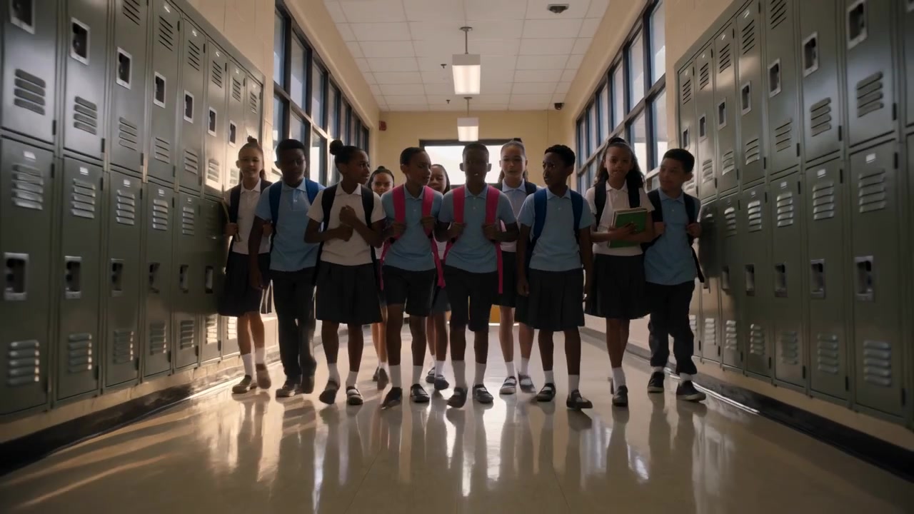 Studenti che camminano in polo lungo il corridoio della scuola tra una lezione e l'altra, passando davanti agli armadietti con zaini in spalla