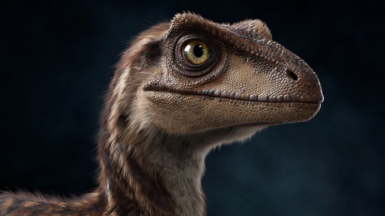 Primo piano dettagliato della testa di un Velociraptor che mostra trame intricate, occhi acuti e caratteristiche uniche in un'ambientazione con sfondo scuro, perfetta per scopi educativi.