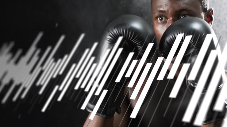 Pugile che sferra jab veloci e protetti in una palestra di boxe, con una forma d'onda che attraversa il primo piano a ritmo.
