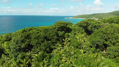 aerial view of the white beaches and turquoise waters at anse coco, petit anse and grand anse on la digue, an island of the seychelles