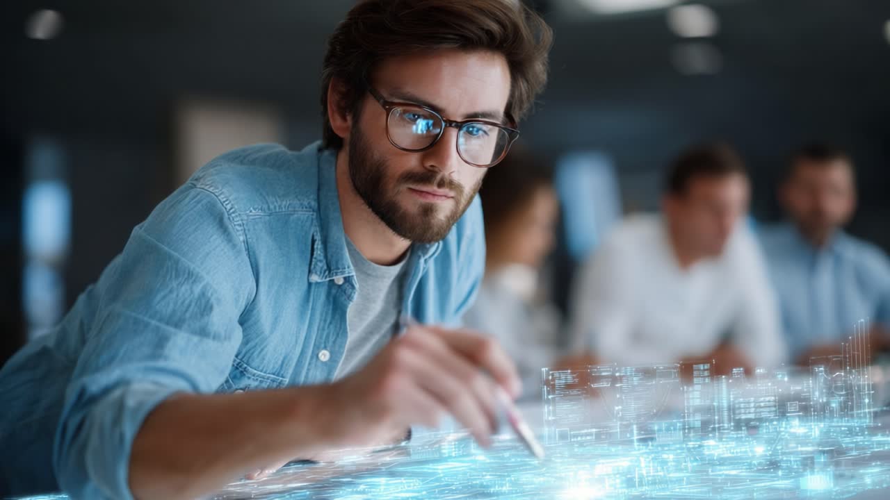 A focused individual engages with a high-tech digital interface, illustrating a collaborative effort in an advanced technological environment, showcasing innovation and teamwork