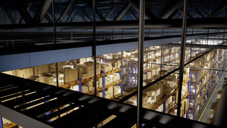 vast storage building full of products placed on industrial racks with tag