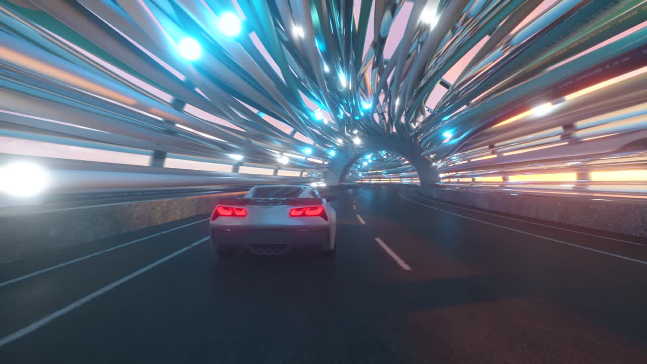 Futuristic Car in a Dynamic Tunnel at Sunrise/Sunset