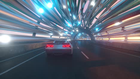 futuristic car in a dynamic tunnel at sunrise/sunset