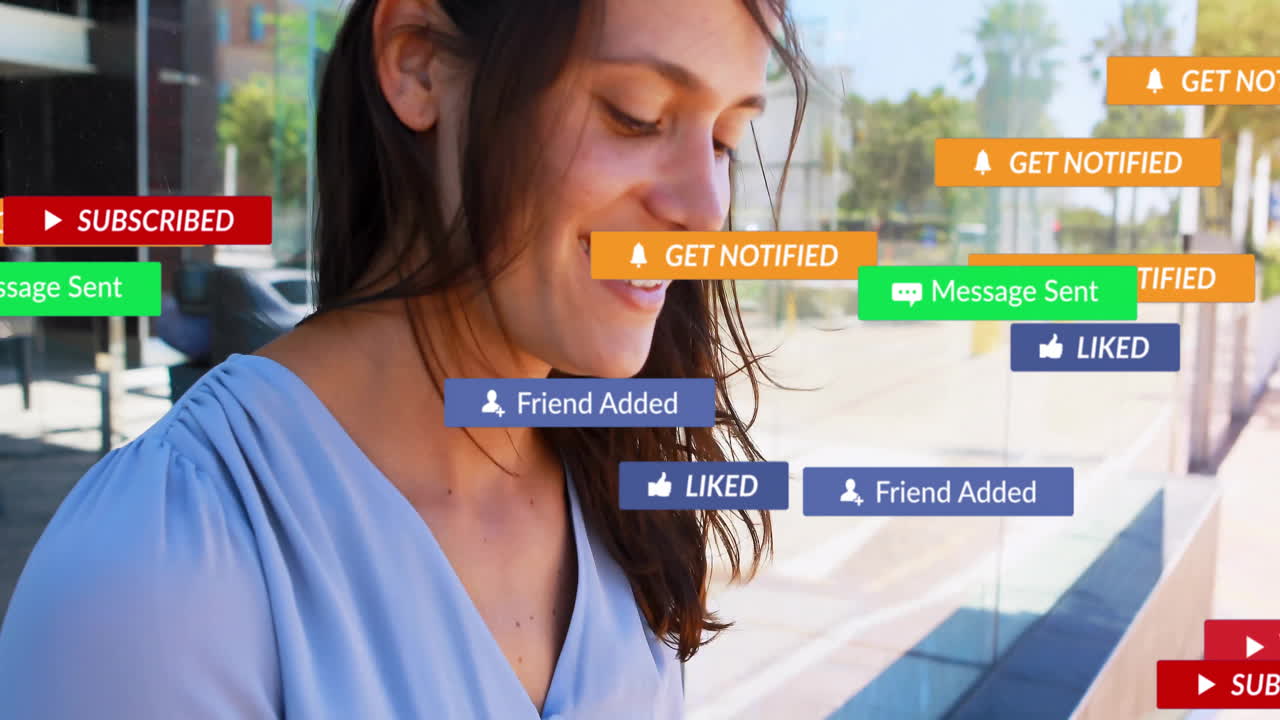 Interacting with social media notifications, woman using smartphone outdoors