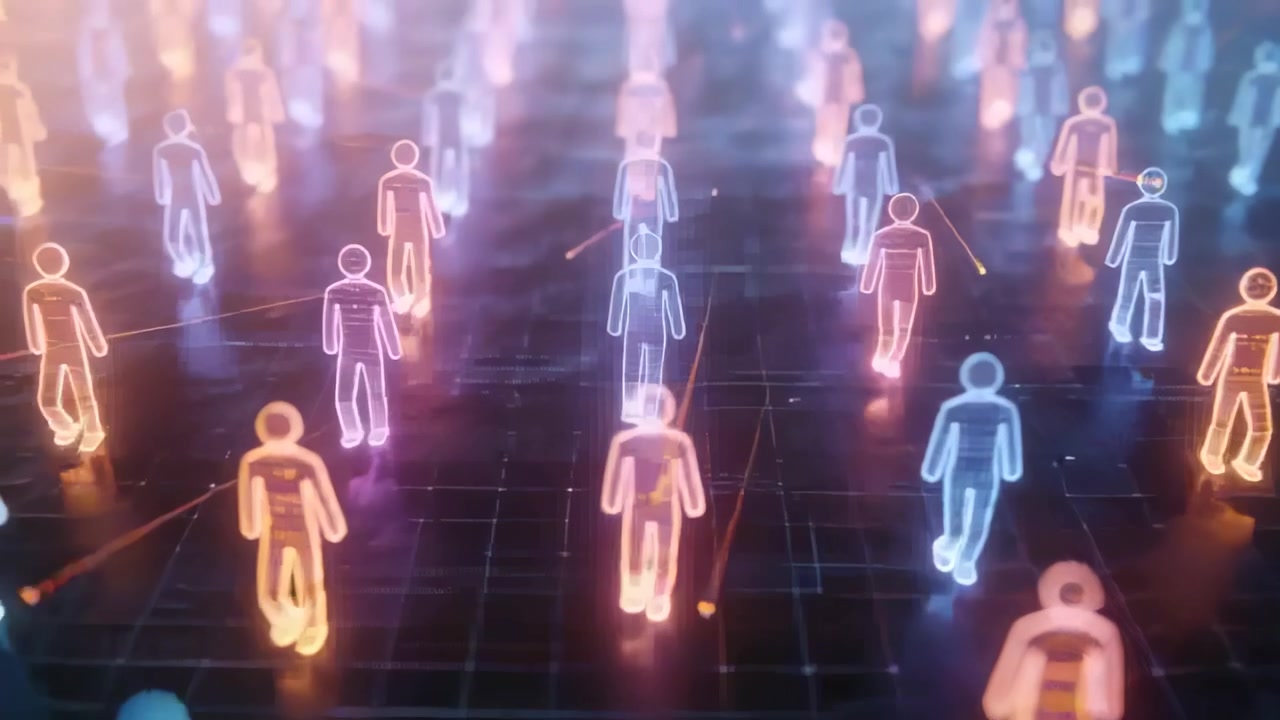 Moving central column neon avatars after pulse across dark grid toward viewer, with light trails