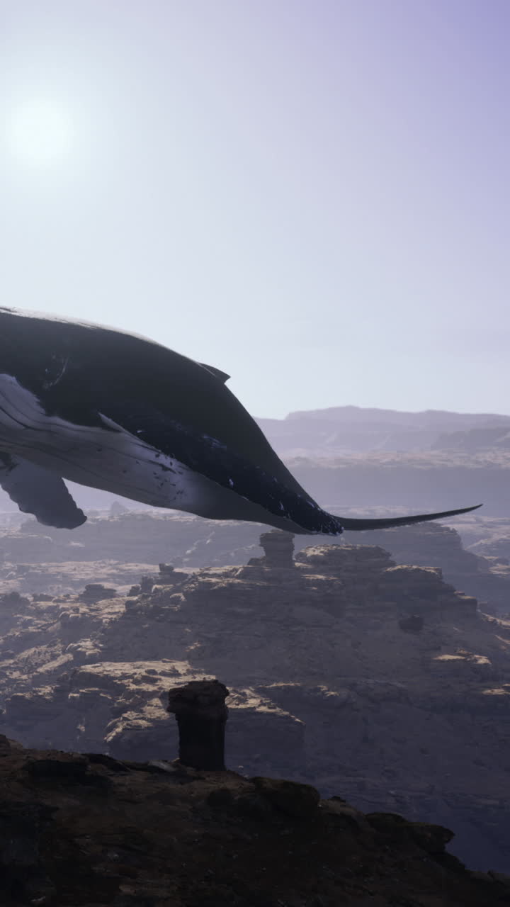 Whale swimming above rocky terrain during bright day in remote area