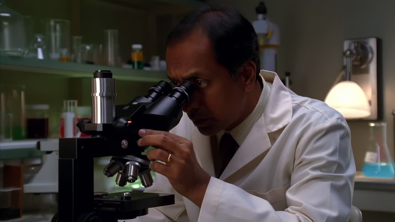 un científico mirando a través de un microscopio en un laboratorio