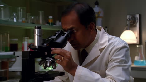 a scientist looking through a microscope in a lab