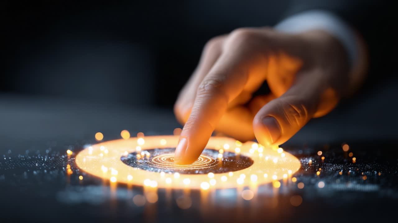 Exploring Digital Interfaces: A Close-Up of a Hand Interacting with a Glowing Circular Display, Emphasizing Technology and Modern Interaction
