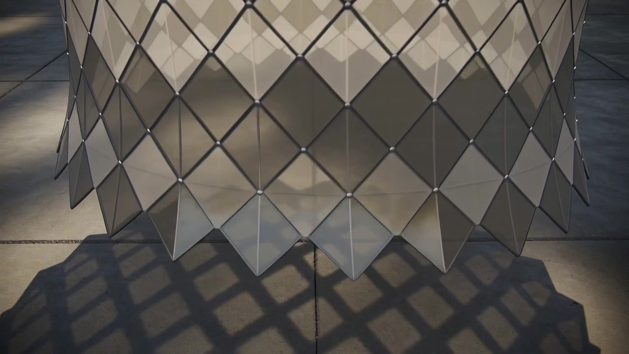 Shifting suspended sculpture revealing scalloped rim at plaza, casting diamond panel lattice shadow