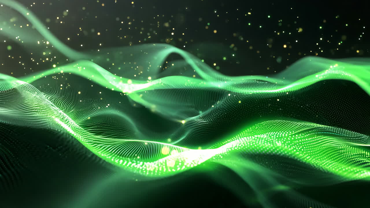 A green wave with a lot of sparkles. The sparkles are gold and they are scattered all over the wave