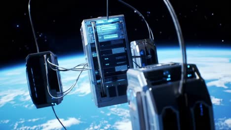 advanced satellite technology in space: high-tech servers interconnected above earth, showcasing future communication and data processing in a cosmic environment