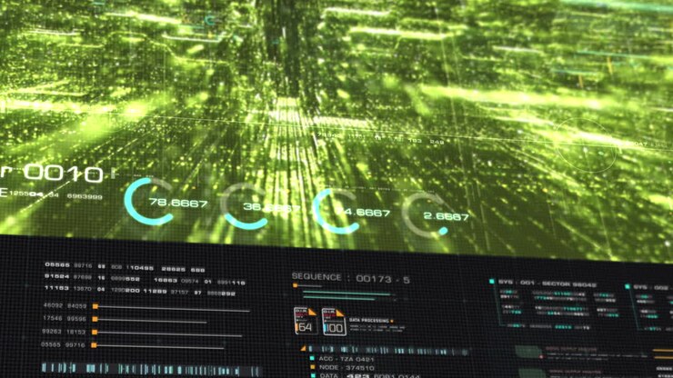 Futuristisk, digitalt genereret bevægelsesgrafik af et abstrakt matrix-cybermiljø med big data-analyse og kunstig intelligens-simulering som digital baggrund.