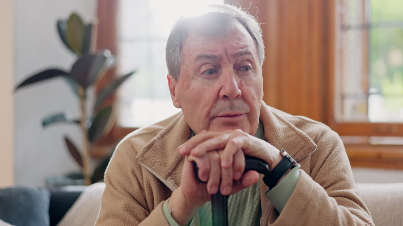 Home, thinking and senior man with memory