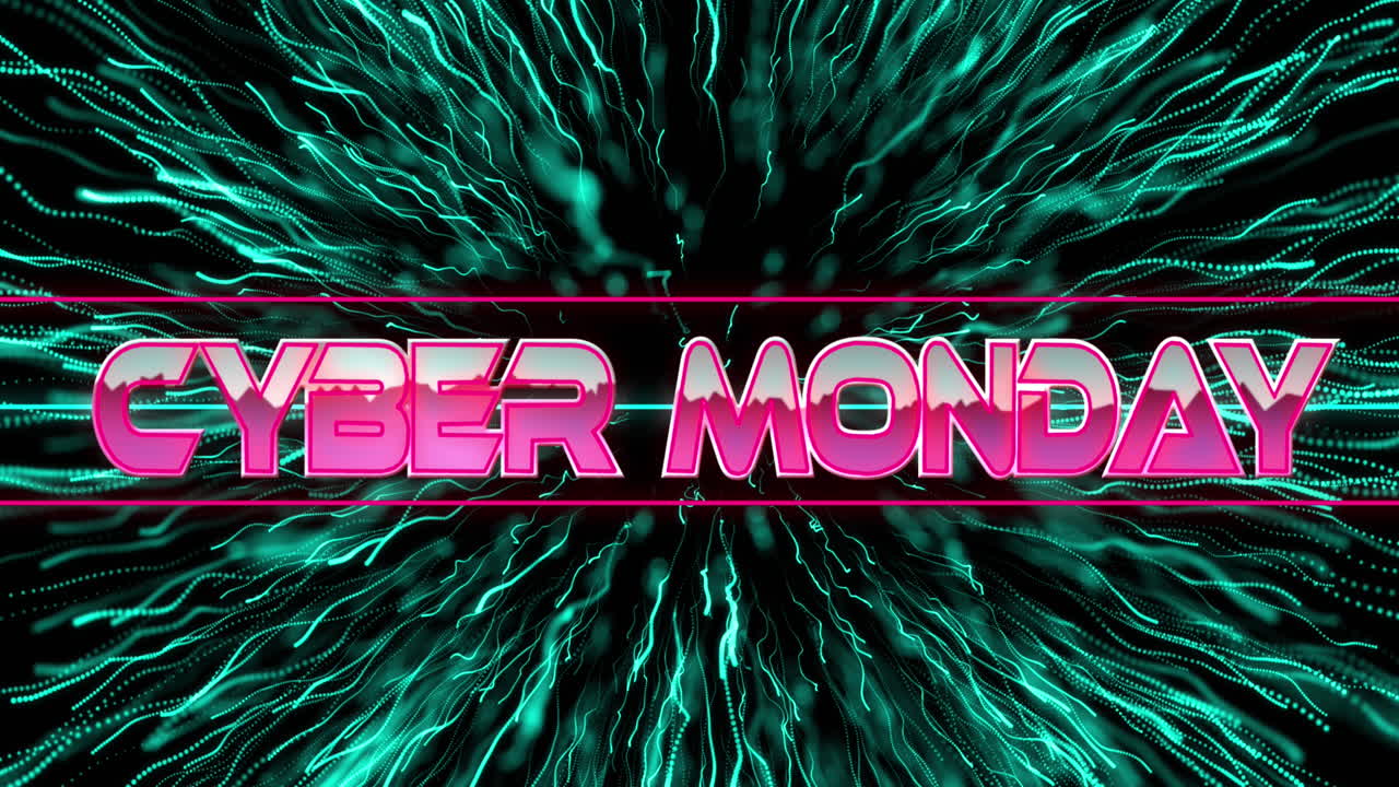 Animation of cyber monday text in metallic pink letters over neon lines and green fireworks