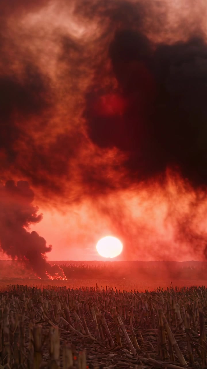 Vertikales Video: Filmende Kamera dokumentiert sich bei Sonnenuntergang entzündende Flammen, Rauch steigt über Stoppelfeld auf.