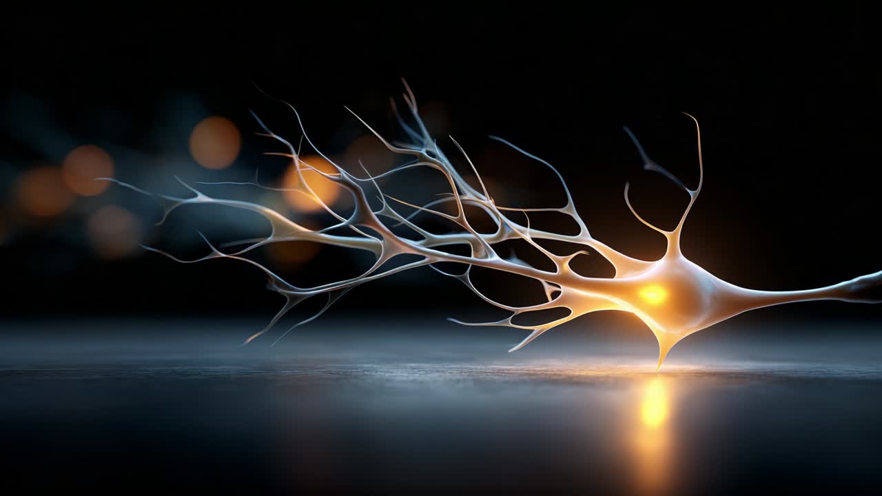 A mesmerizing, close-up view of a glowing neuron showcasing its intricate structure and vibrant connection to a neural network, highlighting the complexity and beauty of biological systems at a microscopic level