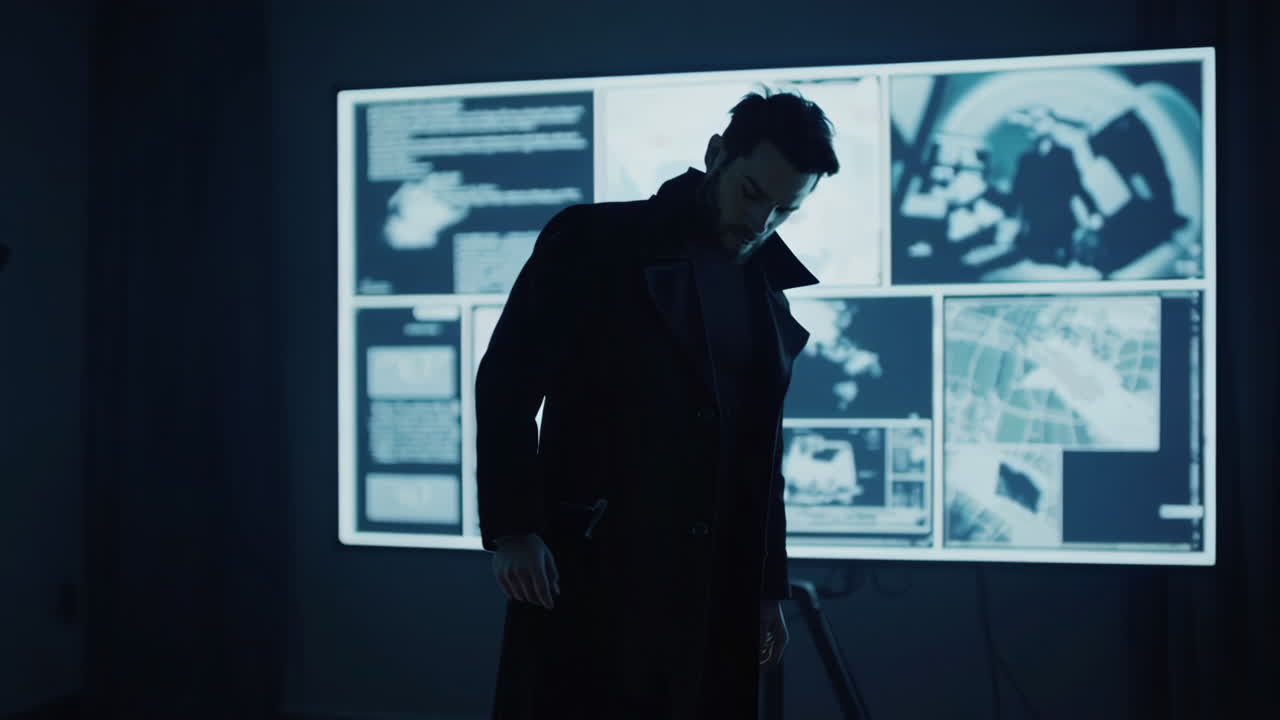 輝くスクリーンを持つ暗い部屋の男