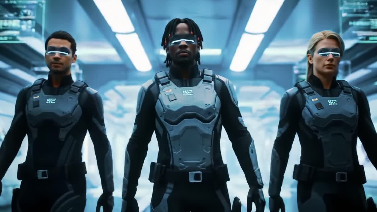 Three Futuristic Characters in Sleek Bodysuits and High-Tech Visors Marching Stoically Through a Sci-Fi Environment Filled with Advanced Technology and Modern Design Elements