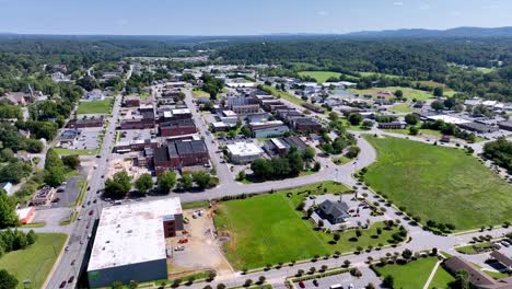 high-aerial-push-over-north-wilkesboro-nc,-north-carolina-small-town-usa