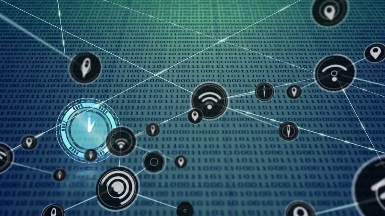 animación de la red de conexiones con iconos sobre procesamiento de datos y reloj en fondo azul