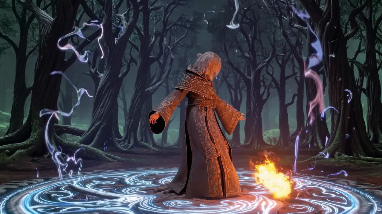Una scena mistica di una figura in veste che lancia un incantesimo in una foresta oscura