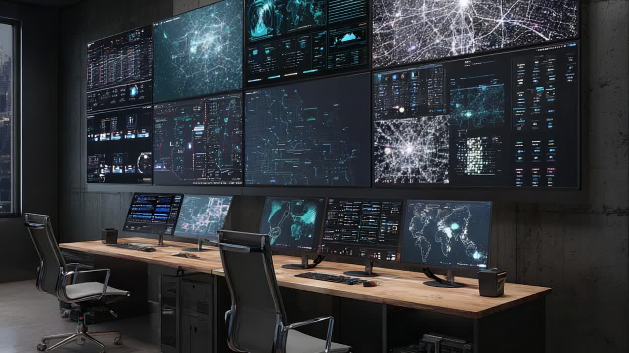Sala di Controllo Avanzata con Display ad Alta Tecnologia e Visualizzazione Dati per il Monitoraggio dell'Attività di Rete e delle Analisi