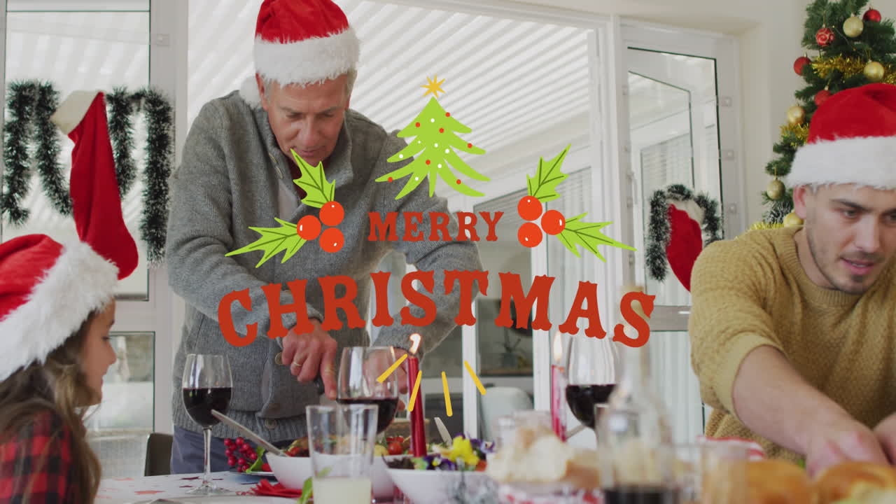 산타 모자를 입은 백인 가족 위에 메리 크리스마스 텍스트의 애니메이션