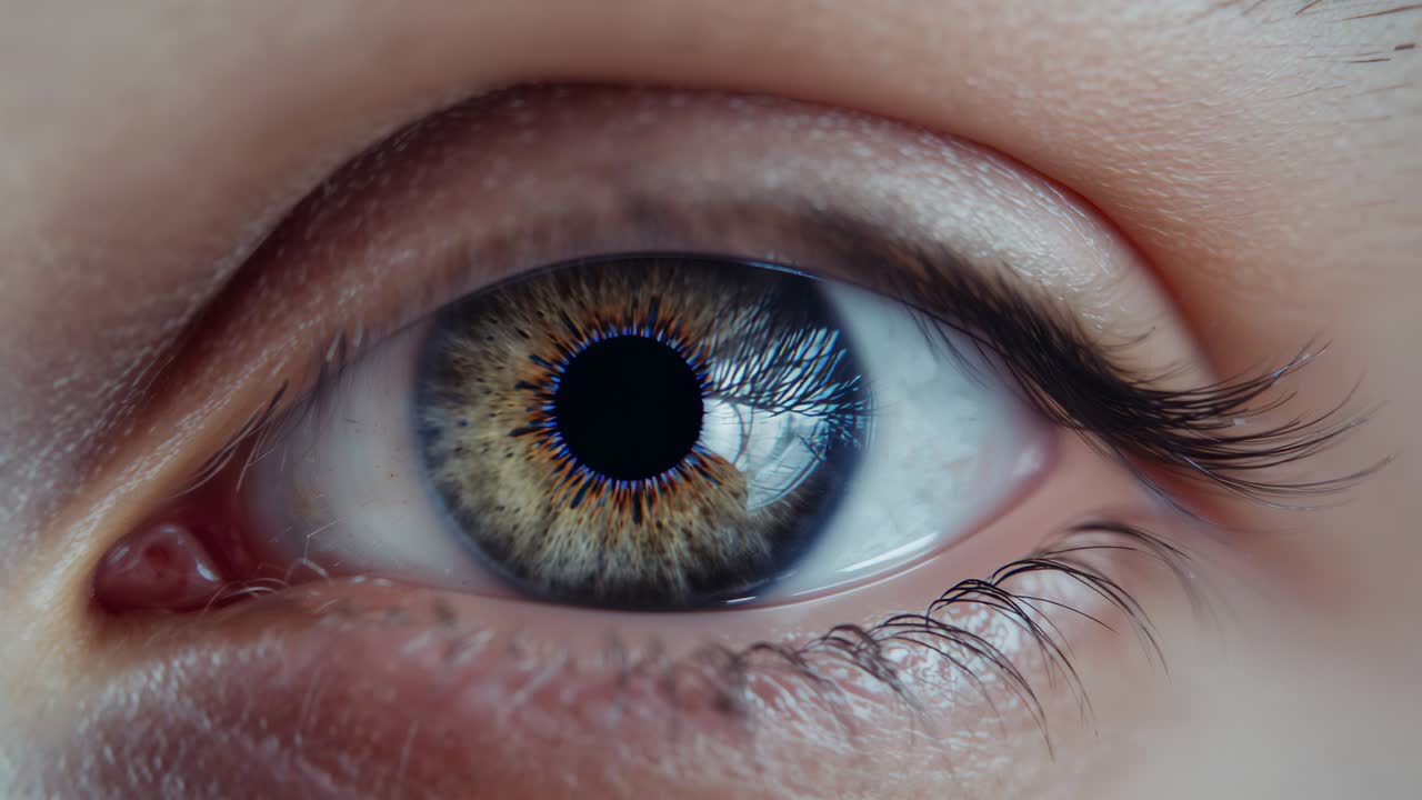 Registrazione ravvicinata in studio di un occhio umano che reagisce al cambio di luce, con dilatazione della pupilla e riscaldamento dell'iride