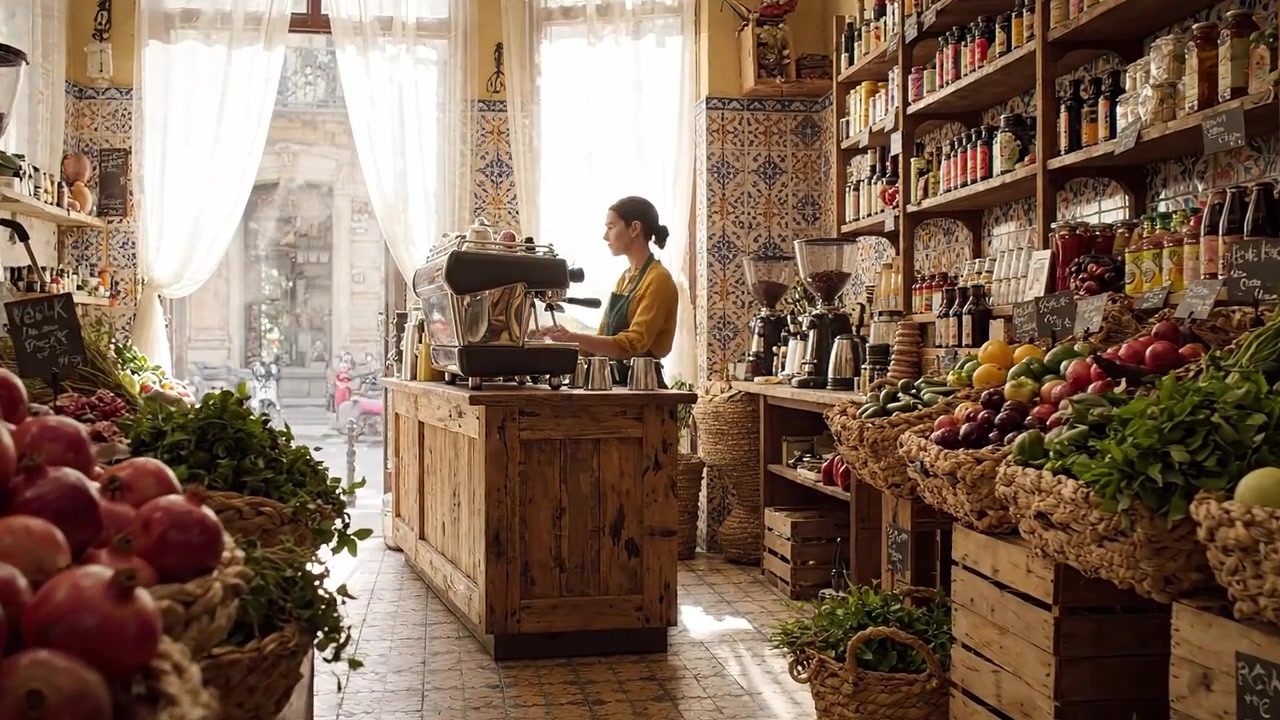 Przytulna scena targowa ze świeżymi produktami i baristą przygotowującym kawę w lokalnym sklepie spożywczym, wypełnionym kolorowymi warzywami i pachnącymi ziołami.