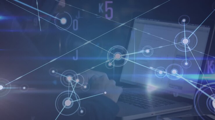 Animation of network of connections with hacker with laptop