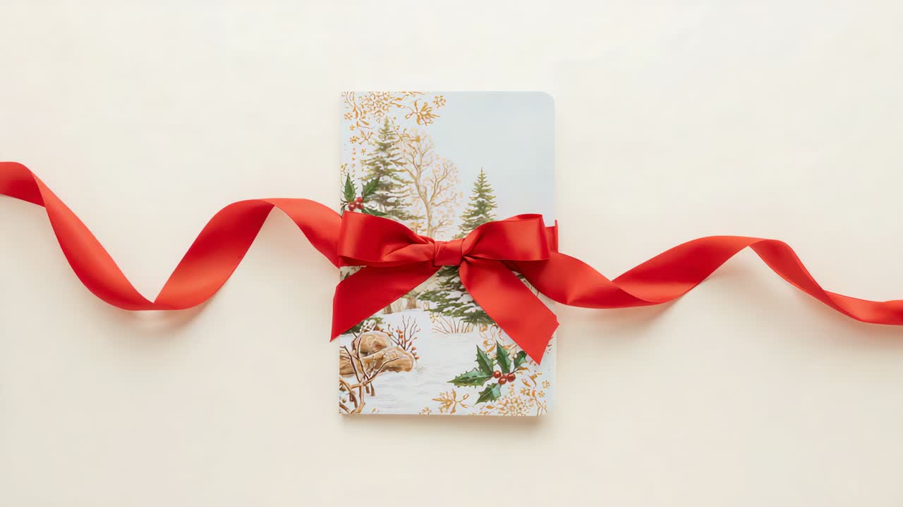 Shifting rectangular gift box with red ribbon settling over time on pale table, winter motifs