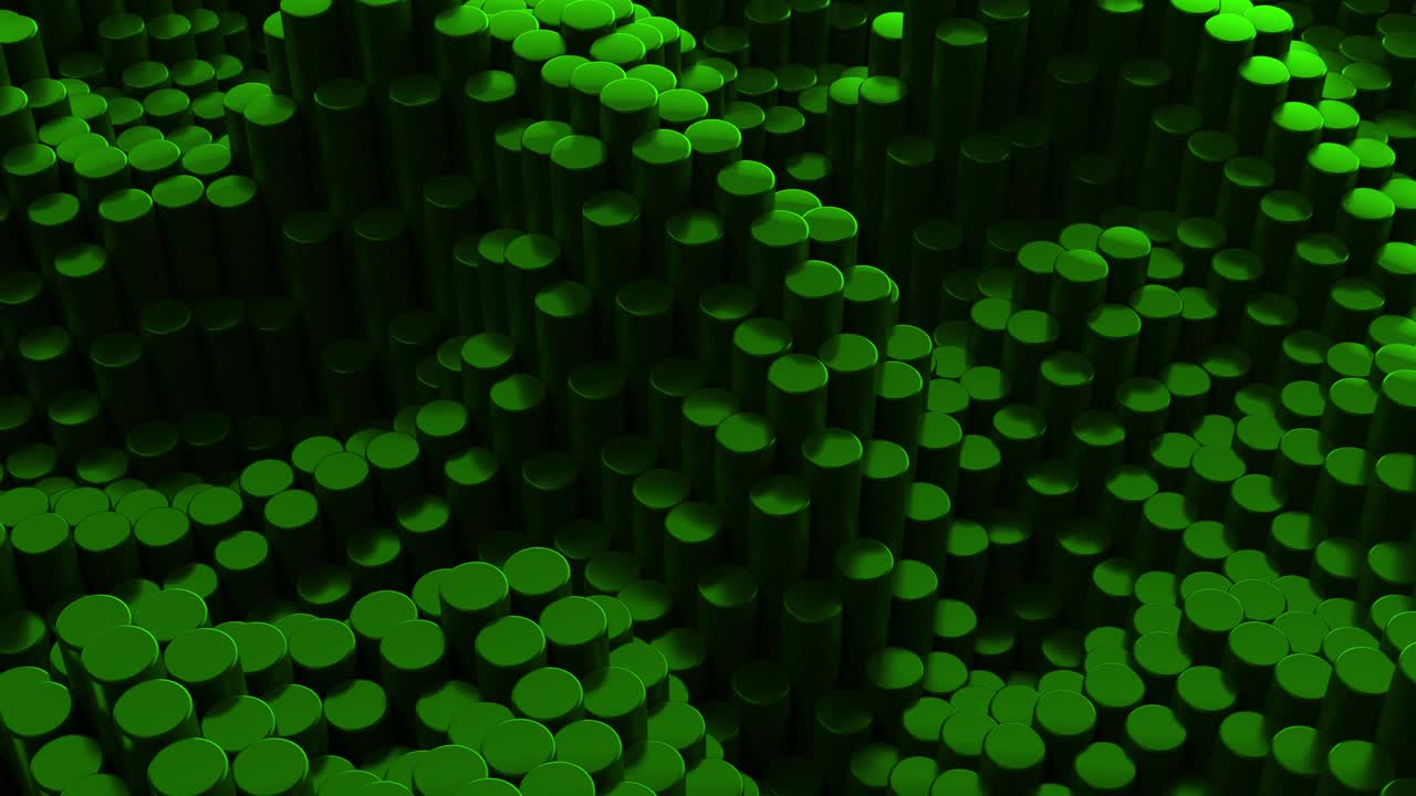 fondo cromado metálico verde abstracto con cilindros. azulejos cerámicos redondos. patrón de geometría. células aleatorias. superficie poligonal brillante. abstracción futurista. bucle sin costuras animación 3d de 4k