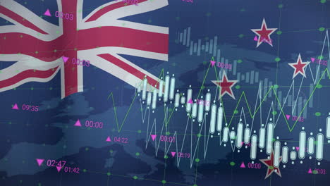 Stock market graph overlay with New Zealand flag and financial data in background