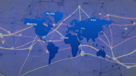 stylized world map being visualized in flat design, showing glowing data lines and numeric labels