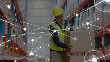 moving boxes in warehouse, network of connections and data processing animation