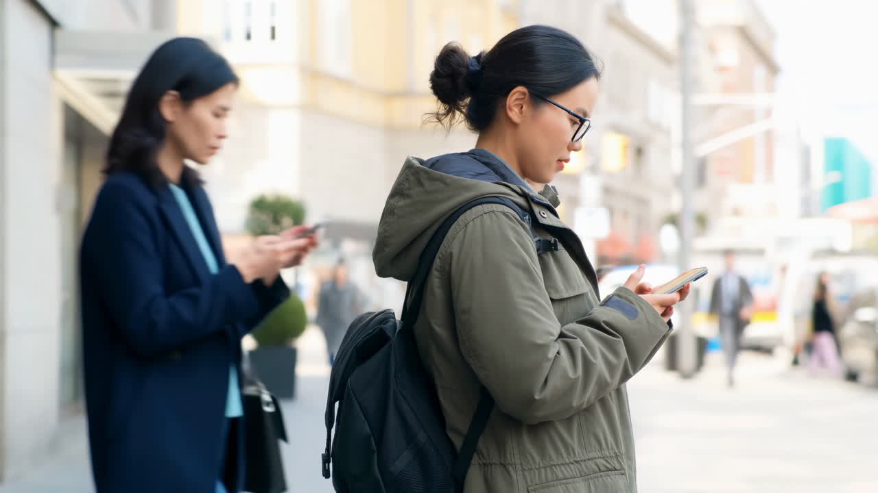Wanita muda Asia menggunakan ponsel pintar di jalan kota yang ramai.
