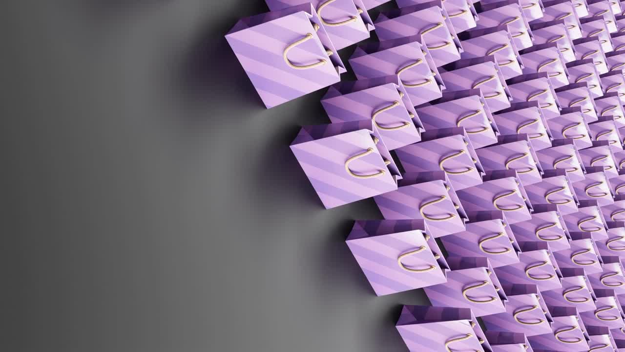 검은색 배경에 스크롤되는 보라색 쇼핑백의 수직 3d 모션 그래픽 일러스트레이션