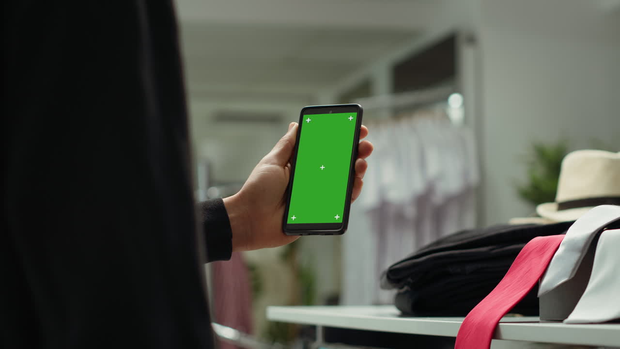 Persona che tiene uno smartphone con schermo verde in un negozio di abbigliamento
