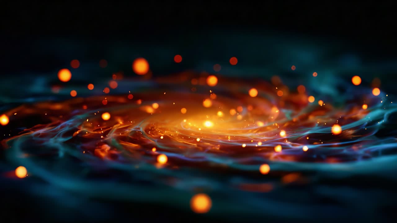 A mesmerizing and dynamic cosmic swirl of orange and blue light particles, resembling an otherworldly galaxy, filled with energy and movement in a dark backdrop