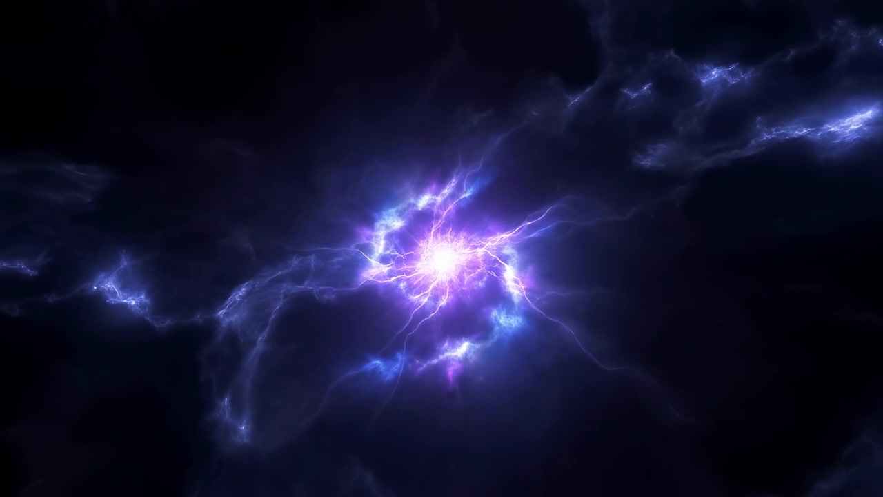 Un nucleo viola brillante si intensifica mentre volute blu elettrico e viola si arricciano, si ramificano e si diffondono verso l'esterno su uno sfondo scuro, creando un movimento luminoso a strati attorno al centro.