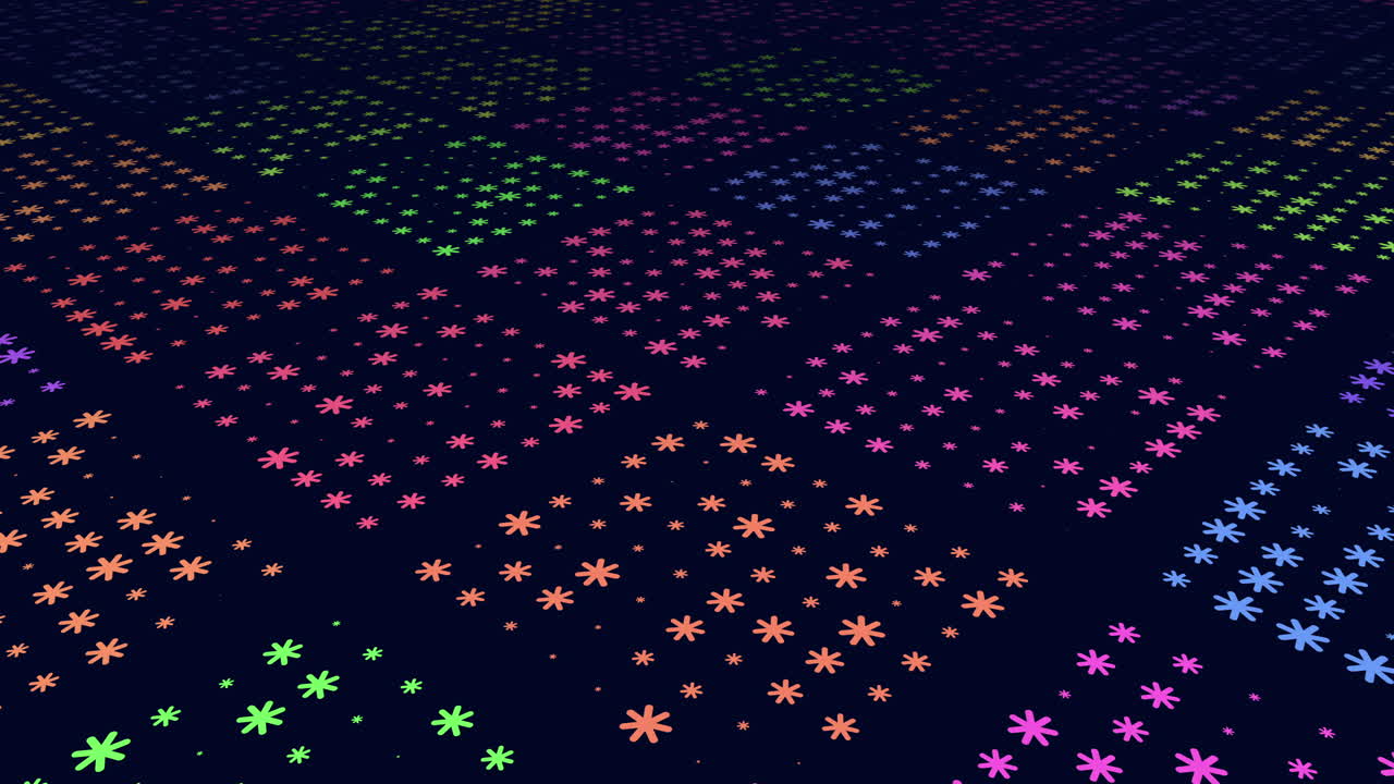 Neon rainbow snowflakes pattern in rows on black gradient