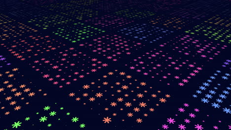 neon rainbow snowflakes pattern in rows on black gradient