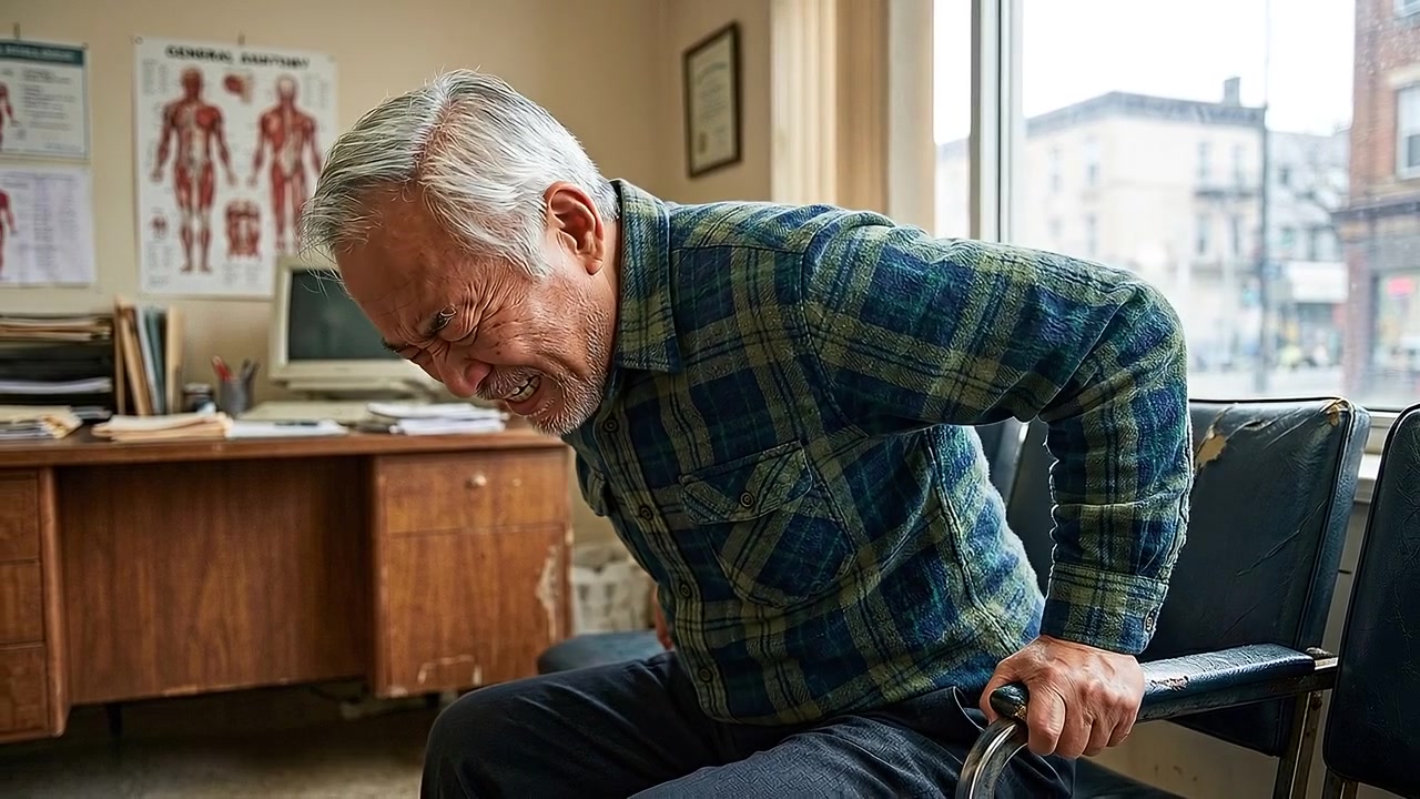 Senior Man Struggling with Back Pain While Sitting in Office