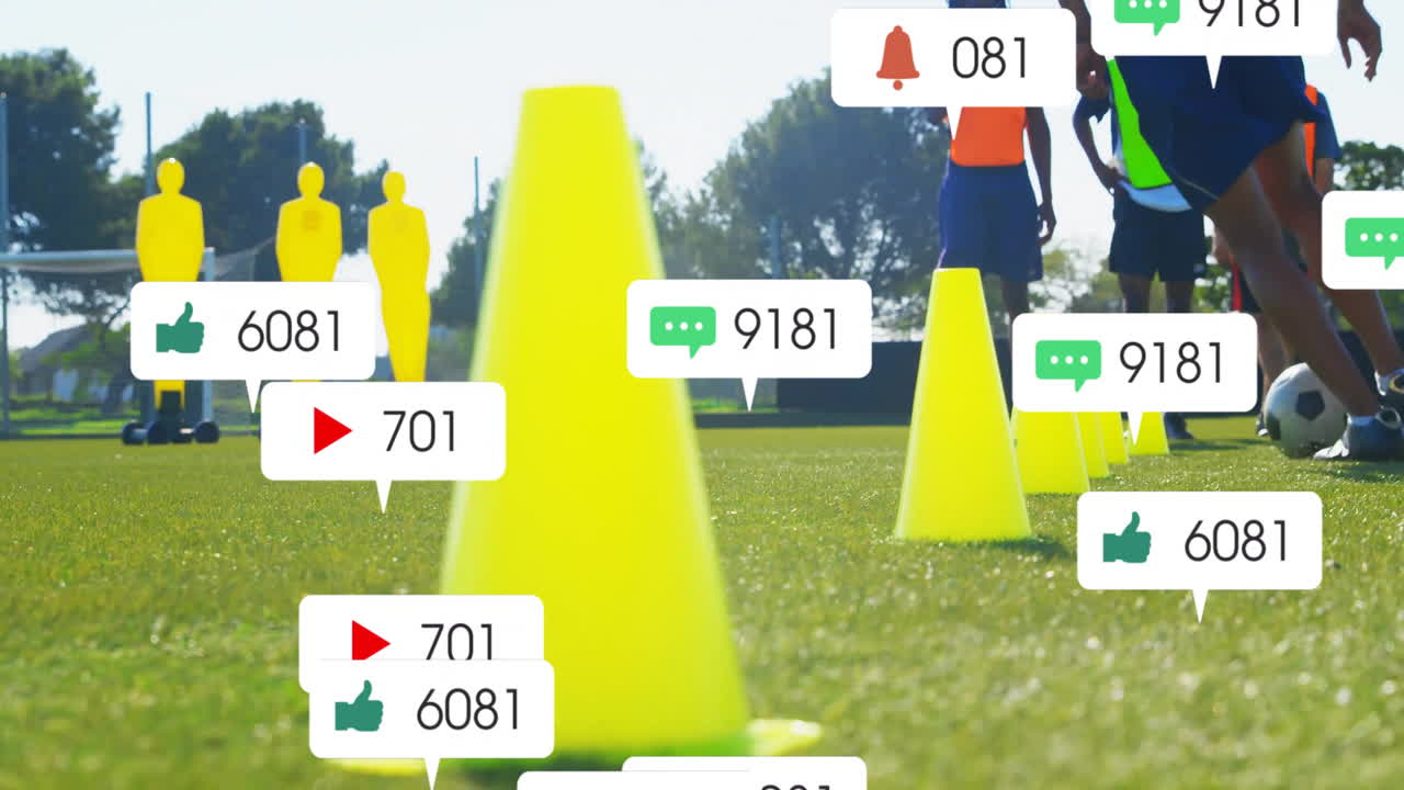 Animation of social media notifications over african american male football team training with ball