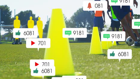 animation of social media notifications over african american male football team training with ball